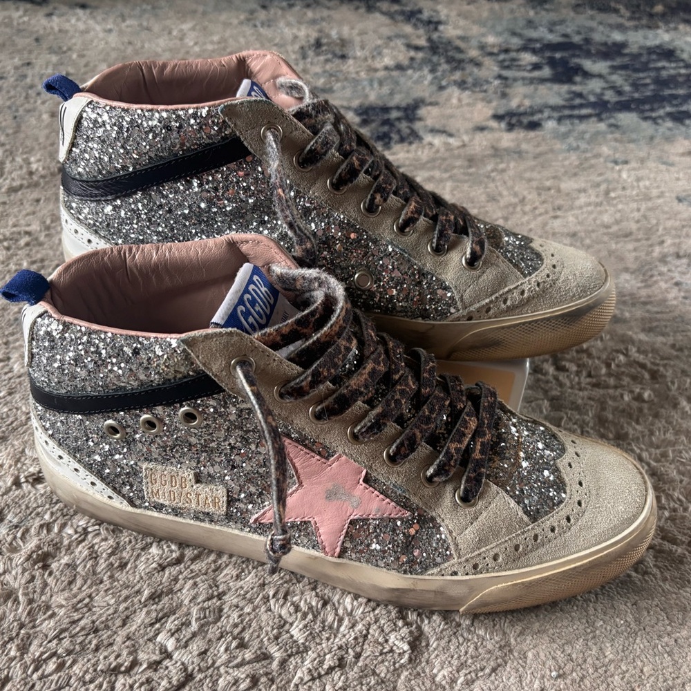 Golden goose women 39 mid star silver glitter suede toe pink star cheetah lace